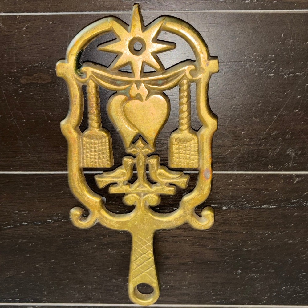 Vintage Brass Trivet | Hearth Stand | Pot Holder | Heart Birds Sun Symbol